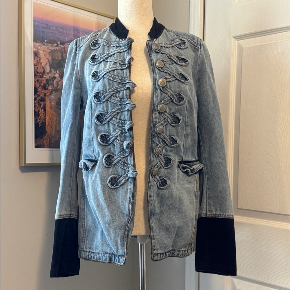 Free People Blue Denim Military Jacket with Navy Trim